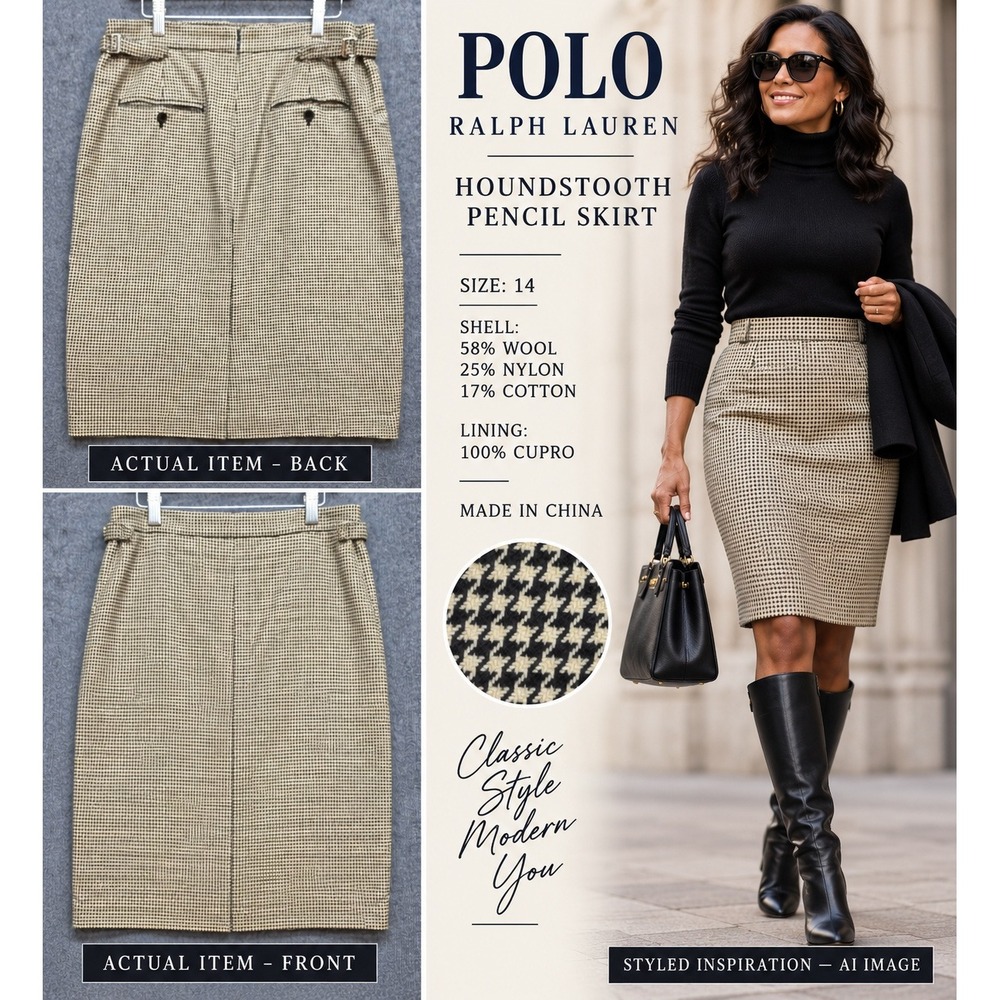 Polo Ralph Lauren Pencil Skirt Women Houndstooth Wool Black Beige 14 EUC Preppy